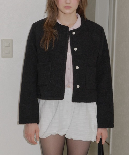 GIUNON(ジウノン)の「collarless short jacket coat / カラーレスショートジャケットコート(ノーカラーコート・レディース・アイボリー/ブラック・FREE)」の21枚目の写真