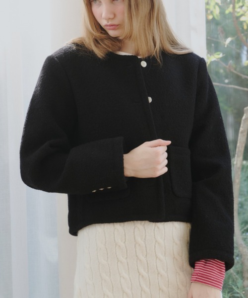 セール】collarless short jacket coat / カラーレスショート