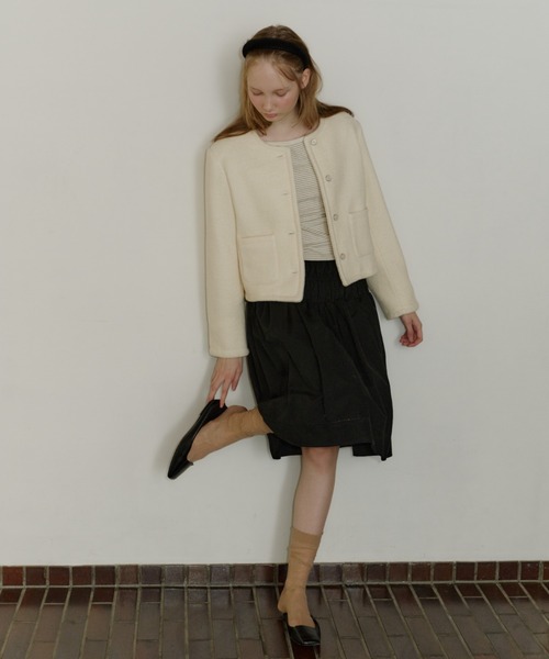 GIUNON(ジウノン)の「collarless short jacket coat / カラーレスショートジャケットコート(ノーカラーコート・レディース・アイボリー/ブラック・FREE)」の9枚目の写真