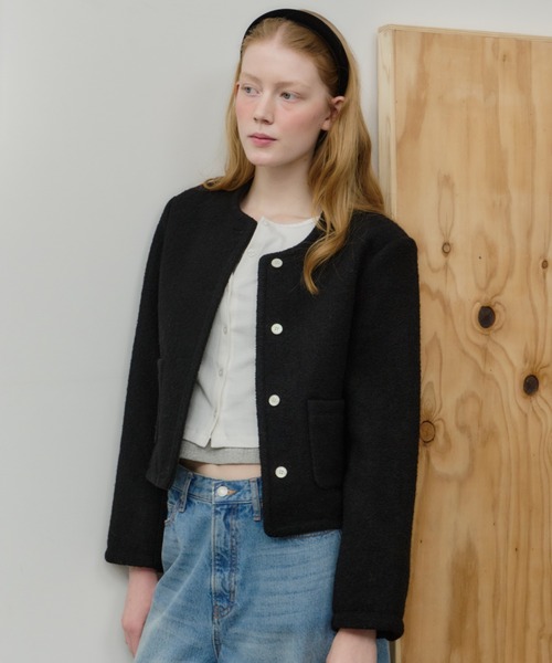 セール】collarless short jacket coat / カラーレスショート