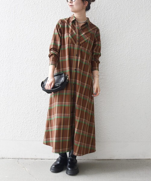 極美品　ジェンヌ　シアーチェック　シャツワンピース　ロングマキシ丈　フレア　S セール】 【洗える】シアーチェック ワンピース （ロング・マキシ丈