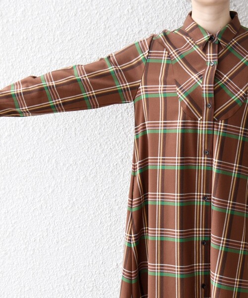 SHIPS any:〈洗濯機可能〉チェック Aライン フレア シャツ ワンピース