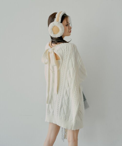 【いずみごページ】linen真赤布バック＆フラックス生成りワンピース セール】バックオープンケーブルルーズワンピース（ワンピース