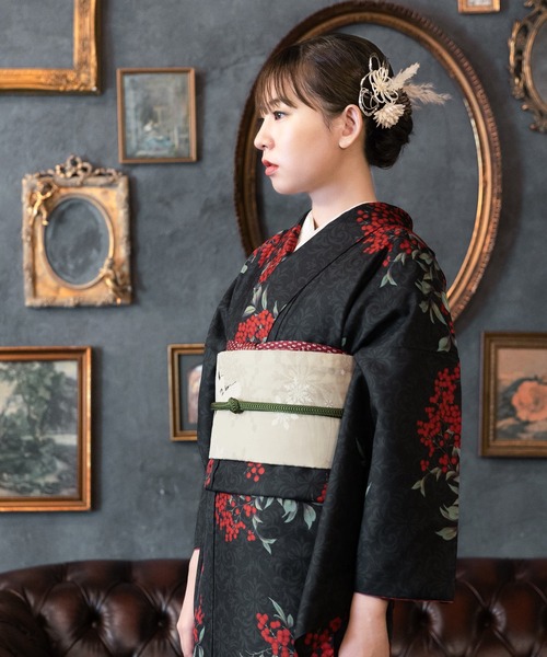 kimonomachi(キモノマチ)の「レディース 洗える着物 2点セット (袷着物+京袋帯) M/L サイズ KIMONOMACHI オリジナル 銀木犀 白木蓮 アラベスク南天 牡丹 2025-26新作 着物2点セット 小紋 福袋(着物・レディース・ブラック/キナリ/ダークブラウン/チャコールグレー/ラベンダー/ブラック系/モーブ系/グレイッシュベージュ・M/L)」の3枚目の写真