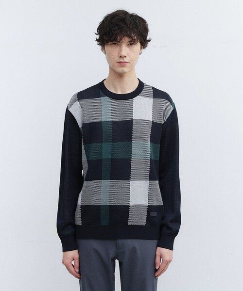 TAKEO KIKUCHI（タケオキクチ）の「【Made in JAPAN】ビッグチェック＆スライドパズル柄 ニット（ニット/セーター・メンズ・ライトグレー系3/ネイビー系1/ブラウン系2/ブラウン系その他4/ネイビー系3・02/03/04）」の4枚目の写真