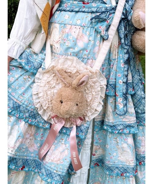 うさぎ顔ぐるみ付きサークルフリルポシェット（ショルダーバッグ