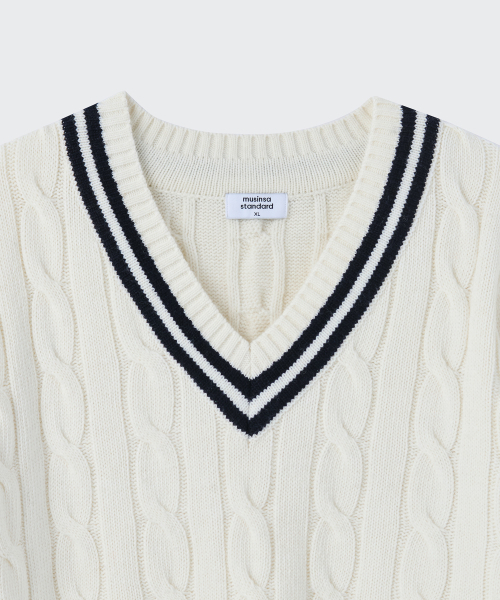 MUSINSA STANDARD（ムシンサスタンダード）の「ケーブルVネッククリケットニット[アイボリー]（ニット/セーター・メンズ・その他・SMALL/MEDIUM/LARGE/X-LARGE/XX-LARGE）」の4枚目の写真