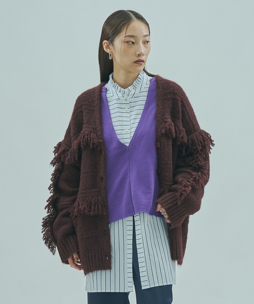 ROSE BUD(ローズバッド)の「(GENE HEAVENS)FRINGE KNIT CARDIGAN(カーディガン/ボレロ・レディース・グリーン/ブラウン・ONE SIZE)」の3枚目の写真