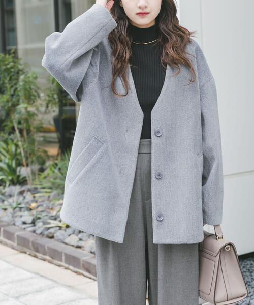 ITEMS URBANRESEARCH（アイテムズ アーバンリサーチ）の「ノーカラーコクーンジャケット（ノーカラージャケット・レディース・グレー/アイボリー・FREE）」の21枚目の写真