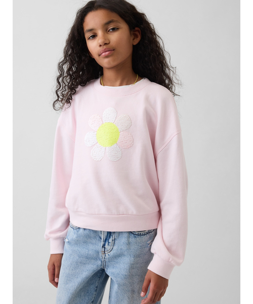 GAP(ギャップ)の「オーバーサイズ ウェッジ フリッピースパンコール グラフィック スウェットシャツ (キッズ)(スウェット・キッズ・ベージュ/ホワイト/ピンク・120cm/110cm/140cm/130cm)」の3枚目の写真