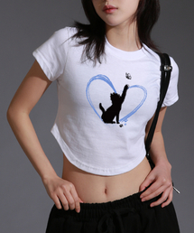 ウーマンフリキャットアシンメトリッククロップTシャツ_ホワイト