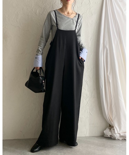 She's Closet(シーズクローゼット)の「ハイウエストサスペンダー ワイド キャミサロペットパンツ(サロペット/オーバーオール・レディース・ベージュ/カーキブラウン/ブラック・FREE)」の5枚目の写真