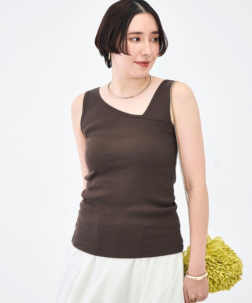 NOLLEY’S（ノーリーズ）の「ウォッシャブルプレミアムテレコアシメ2WAYタンク（タンクトップ・レディース・ブラック/ブラウン/ホワイト・FREE）」の3枚目の写真