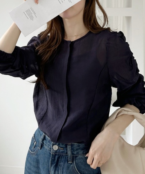 【美品✨】ebure 比翼シャツブラウス シアー ブラック パフスリーブ セール】シアー楊柳 パフスリーブ ブラウス ◎（シャツ/ブラウス