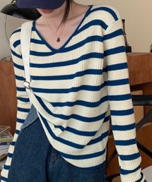 Vネック 配色ボーダー 長袖リブニット