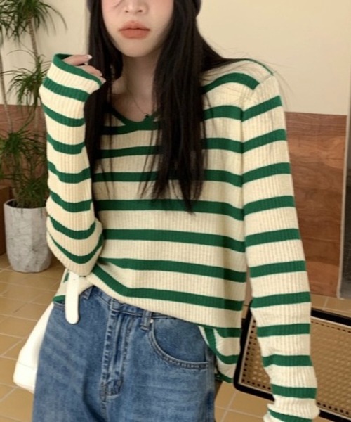SHOUYO(ショウヨウ)の「Vネック 配色ボーダー 長袖リブニット(Tシャツ/カットソー・レディース・グリーン/ブルー/ブラック・M)」の8枚目の写真