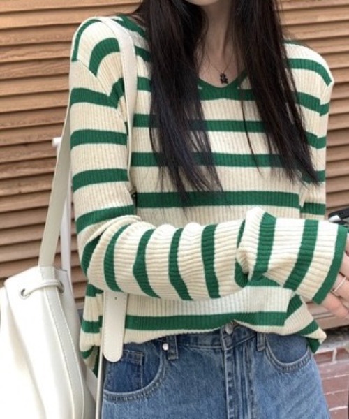 SHOUYO(ショウヨウ)の「Vネック 配色ボーダー 長袖リブニット(Tシャツ/カットソー・レディース・グリーン/ブルー/ブラック・M)」の9枚目の写真