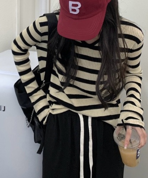 SHOUYO(ショウヨウ)の「Vネック 配色ボーダー 長袖リブニット(Tシャツ/カットソー・レディース・グリーン/ブルー/ブラック・M)」の14枚目の写真
