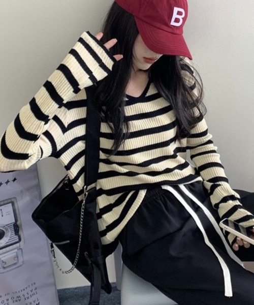 SHOUYO(ショウヨウ)の「Vネック 配色ボーダー 長袖リブニット(Tシャツ/カットソー・レディース・グリーン/ブルー/ブラック・M)」の19枚目の写真