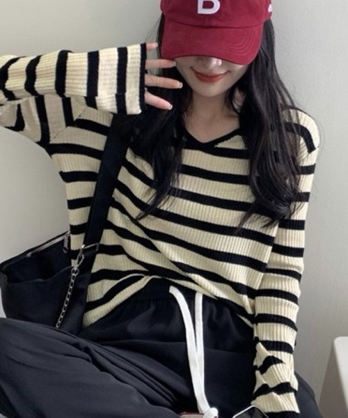 SHOUYO(ショウヨウ)の「Vネック 配色ボーダー 長袖リブニット(Tシャツ/カットソー・レディース・グリーン/ブルー/ブラック・M)」の22枚目の写真