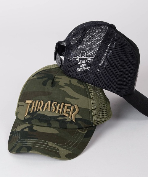 THRASHER(スラッシャー)の「【79】【THRASHER/スラッシャー】 ブラック/カモフラ 3Dブランドロゴ メッシュキャップ(キャップ・メンズ・ダークグリーン/ブラック・FREE)」の1枚目の写真