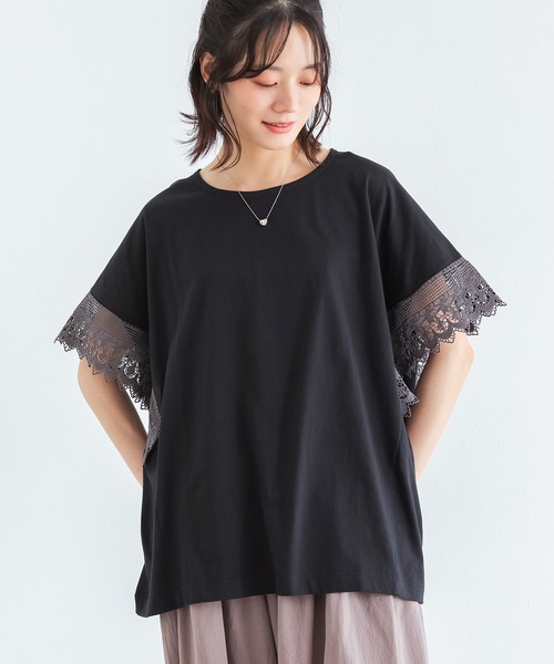 n'OrLABEL(ノアールレーベル)の「【汗じみ防止】テープレース袖カットソー(Tシャツ/カットソー・レディース・ブラック/グレイッシュベージュ・FREE)」の2枚目の写真
