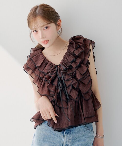 Chico(チコ)の「【SALON by Chico】バイカラーラッフルフリルペプラムブラウス(シャツ/ブラウス・レディース・ピンク/ブラウン/アイボリー・FREE)」の19枚目の写真