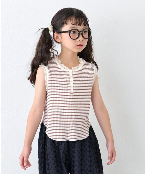 CIAOPANIC TYPY(チャオパニックティピー)の「【KIDS】シアーフリル切替リブボーダーヘンリータンク(ZOZO限定)(タンクトップ・キッズ・ブルー/ブラウン・150/110/130)」の4枚目の写真
