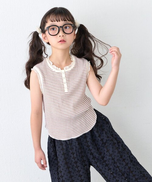 CIAOPANIC TYPY(チャオパニックティピー)の「【KIDS】シアーフリル切替リブボーダーヘンリータンク(ZOZO限定)(タンクトップ・キッズ・ブルー/ブラウン・150/110/130)」の6枚目の写真