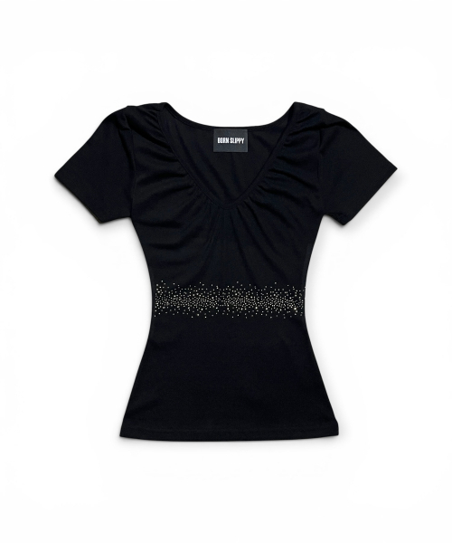 BORN SLIPPY(ボーンスリッピー)の「クリスタルラインVネックシャーリングTシャツ(ブラック)(Tシャツ/カットソー・レディース・その他・FREE)」の4枚目の写真