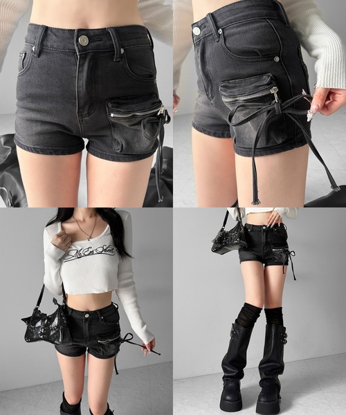 me+em select（ミームセレクト）の「【 ２color ／ ３size 】リボンストリングカーゴポケットデニムショートパンツ／ribbon string cargo pocket denim short pants（デニムパンツ・レディース・ブラック/ブルー・LARGE/SMALL/MEDIUM）」の3枚目の写真