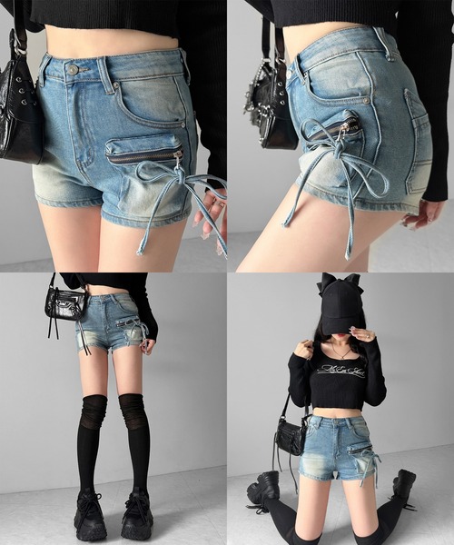 me+em select（ミームセレクト）の「【 ２color ／ ３size 】リボンストリングカーゴポケットデニムショートパンツ／ribbon string cargo pocket denim short pants（デニムパンツ・レディース・ブラック/ブルー・LARGE/SMALL/MEDIUM）」の4枚目の写真