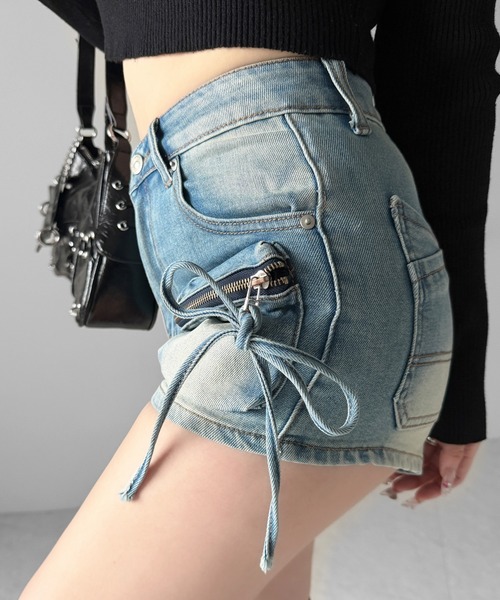 me+em select（ミームセレクト）の「【 ２color ／ ３size 】リボンストリングカーゴポケットデニムショートパンツ／ribbon string cargo pocket denim short pants（デニムパンツ・レディース・ブラック/ブルー・LARGE/SMALL/MEDIUM）」の22枚目の写真