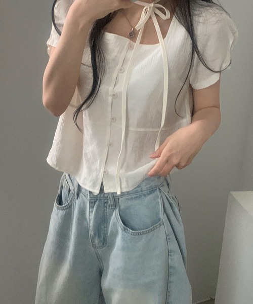 LAFFMO(ラフモ)の「スクエアネック タイ付き半袖ブラウス(シャツ/ブラウス・レディース・グレー/ベージュ・F)」の17枚目の写真