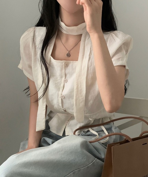 LAFFMO(ラフモ)の「スクエアネック タイ付き半袖ブラウス(シャツ/ブラウス・レディース・グレー/ベージュ・F)」の20枚目の写真