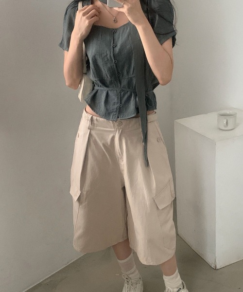 LAFFMO(ラフモ)の「スクエアネック タイ付き半袖ブラウス(シャツ/ブラウス・レディース・グレー/ベージュ・F)」の14枚目の写真