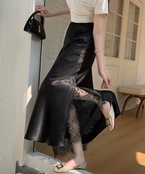 MAISON DE THERESE（メゾン ド テレーズ）の「Aラインスカート　サテンレース切り替え　スカート（スカート・レディース・アイボリー/Black・M）」の6枚目の写真