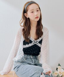 これ1枚で韓国ガーリー、レースカーデ×カップ付きレースキャミ