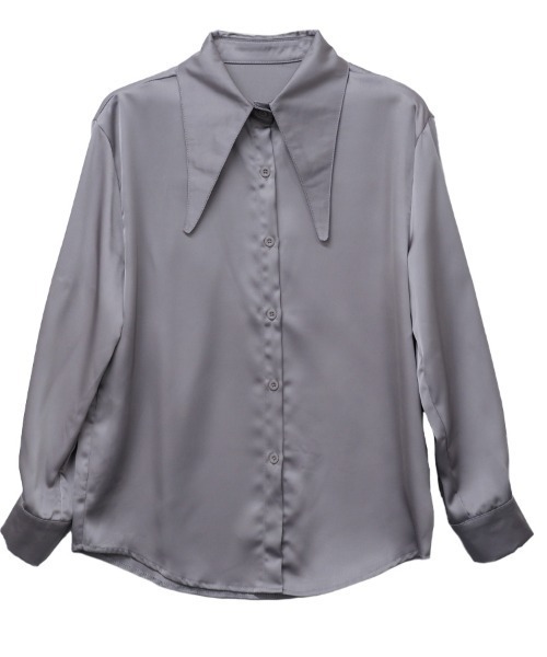 CLOTHY(クロシィ)の「【レトロな襟をモードに更新】ロングカラーデザイン サテンブラウス 秋服(シャツ/ブラウス・レディース・ネイビー/オフホワイト/グレー・FREE)」の5枚目の写真