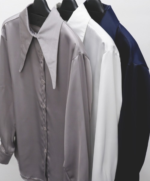 CLOTHY(クロシィ)の「【レトロな襟をモードに更新】ロングカラーデザイン サテンブラウス 秋服(シャツ/ブラウス・レディース・ネイビー/オフホワイト/グレー・FREE)」の7枚目の写真
