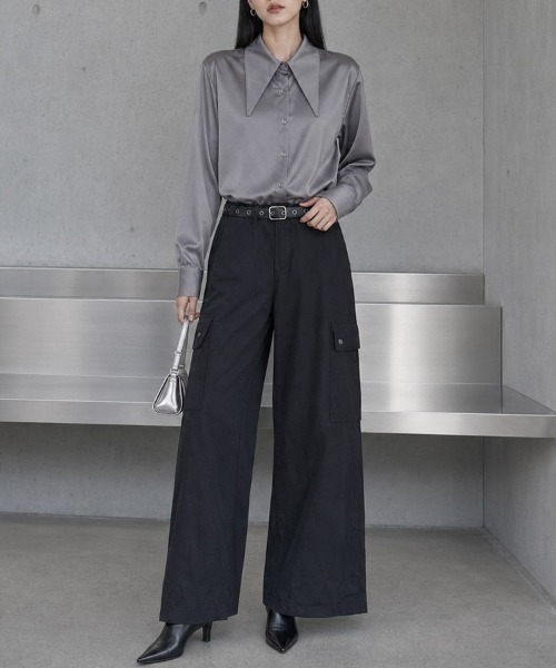 CLOTHY(クロシィ)の「【レトロな襟をモードに更新】ロングカラーデザイン サテンブラウス 秋服(シャツ/ブラウス・レディース・ネイビー/オフホワイト/グレー・FREE)」の21枚目の写真