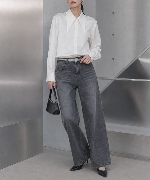 CLOTHY(クロシィ)の「【レトロな襟をモードに更新】ロングカラーデザイン サテンブラウス 秋服(シャツ/ブラウス・レディース・ネイビー/オフホワイト/グレー・FREE)」の16枚目の写真
