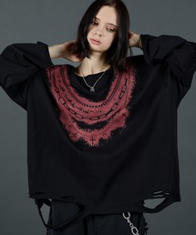 ERAR（エラー）の「【ERAR】ワイドネックフェイクレイヤードネックレスプリントダメージロンT（Tシャツ/カットソー）」