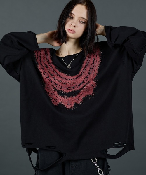 ERAR(エラー)の「【ERAR】ワイドネックフェイクレイヤードネックレスプリントダメージロンT(Tシャツ/カットソー・メンズ・ブラック系1/ホワイト系1/ブラック系2・XL/L/M/S)」の3枚目の写真