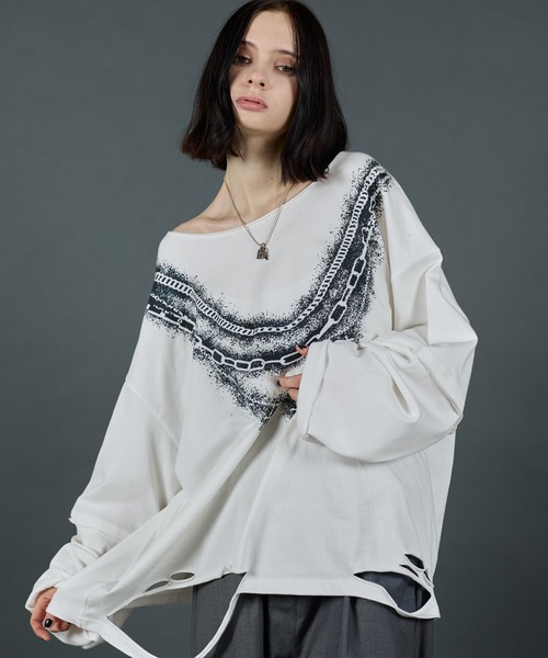 ERAR(エラー)の「【ERAR】ワイドネックフェイクレイヤードネックレスプリントダメージロンT(Tシャツ/カットソー・メンズ・ブラック系1/ホワイト系1/ブラック系2・XL/L/M/S)」の4枚目の写真