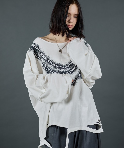 ERAR(エラー)の「【ERAR】ワイドネックフェイクレイヤードネックレスプリントダメージロンT(Tシャツ/カットソー・メンズ・ブラック系1/ホワイト系1/ブラック系2・XL/L/M/S)」の5枚目の写真