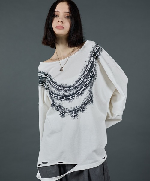 ERAR(エラー)の「【ERAR】ワイドネックフェイクレイヤードネックレスプリントダメージロンT(Tシャツ/カットソー・メンズ・ブラック系1/ホワイト系1/ブラック系2・XL/L/M/S)」の6枚目の写真