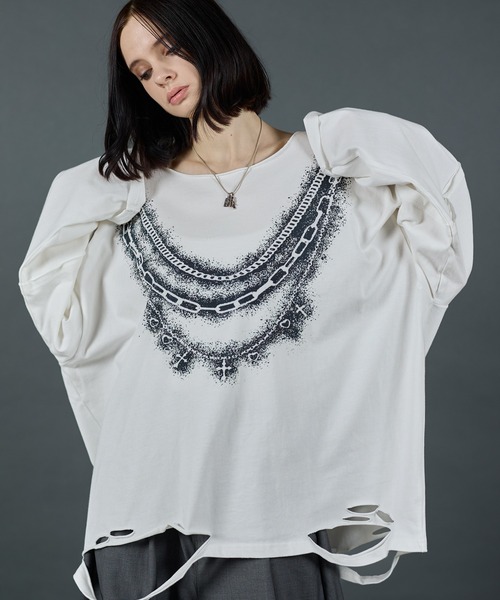 ERAR(エラー)の「【ERAR】ワイドネックフェイクレイヤードネックレスプリントダメージロンT(Tシャツ/カットソー・メンズ・ブラック系1/ホワイト系1/ブラック系2・XL/L/M/S)」の8枚目の写真
