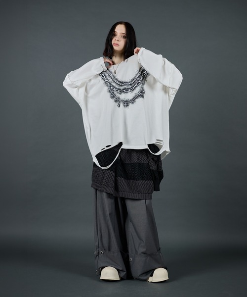 ERAR(エラー)の「【ERAR】ワイドネックフェイクレイヤードネックレスプリントダメージロンT(Tシャツ/カットソー・メンズ・ブラック系1/ホワイト系1/ブラック系2・XL/L/M/S)」の15枚目の写真