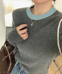 バイカラーレイヤード風クルーネックニットトップス/秋服/冬服
